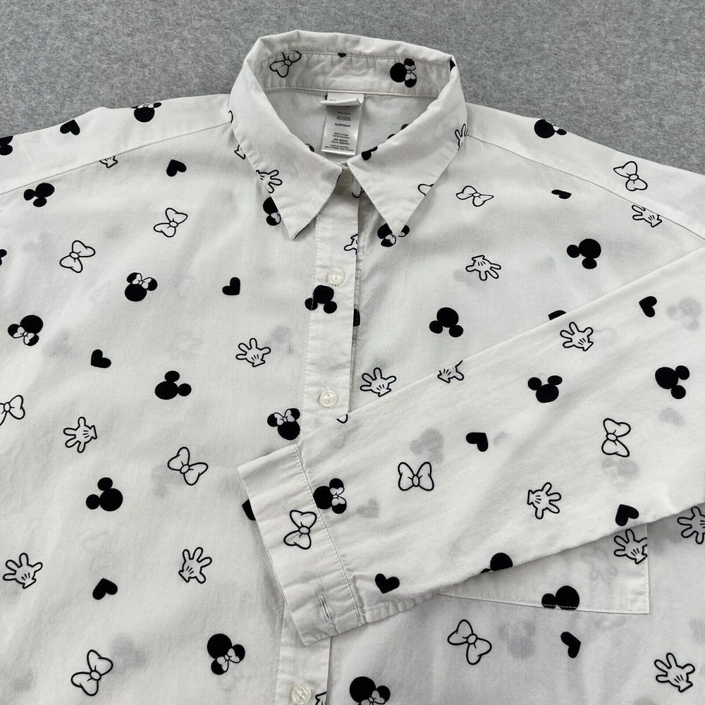 Disney Minnie Mouse Button Down Long Sleeve Tunic Sleepwear White/ Black Medium